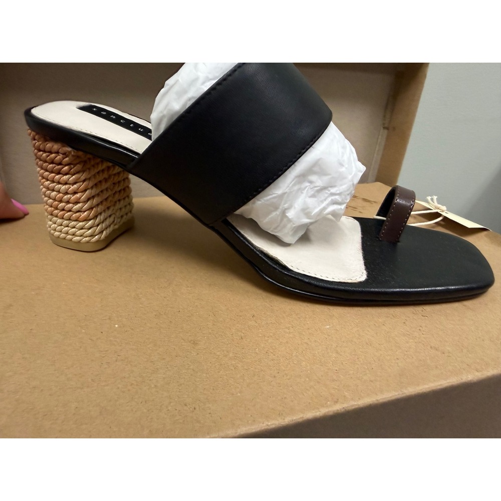 Sanctuary SA-BOLD Black/Mocha Toe-Loop Woven Block‎ Heel Sandals Size 8.5M NIB